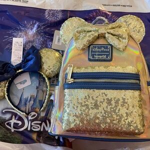 Loungefly Gold Sequin Holographic Mini Backpack with Navy Trim